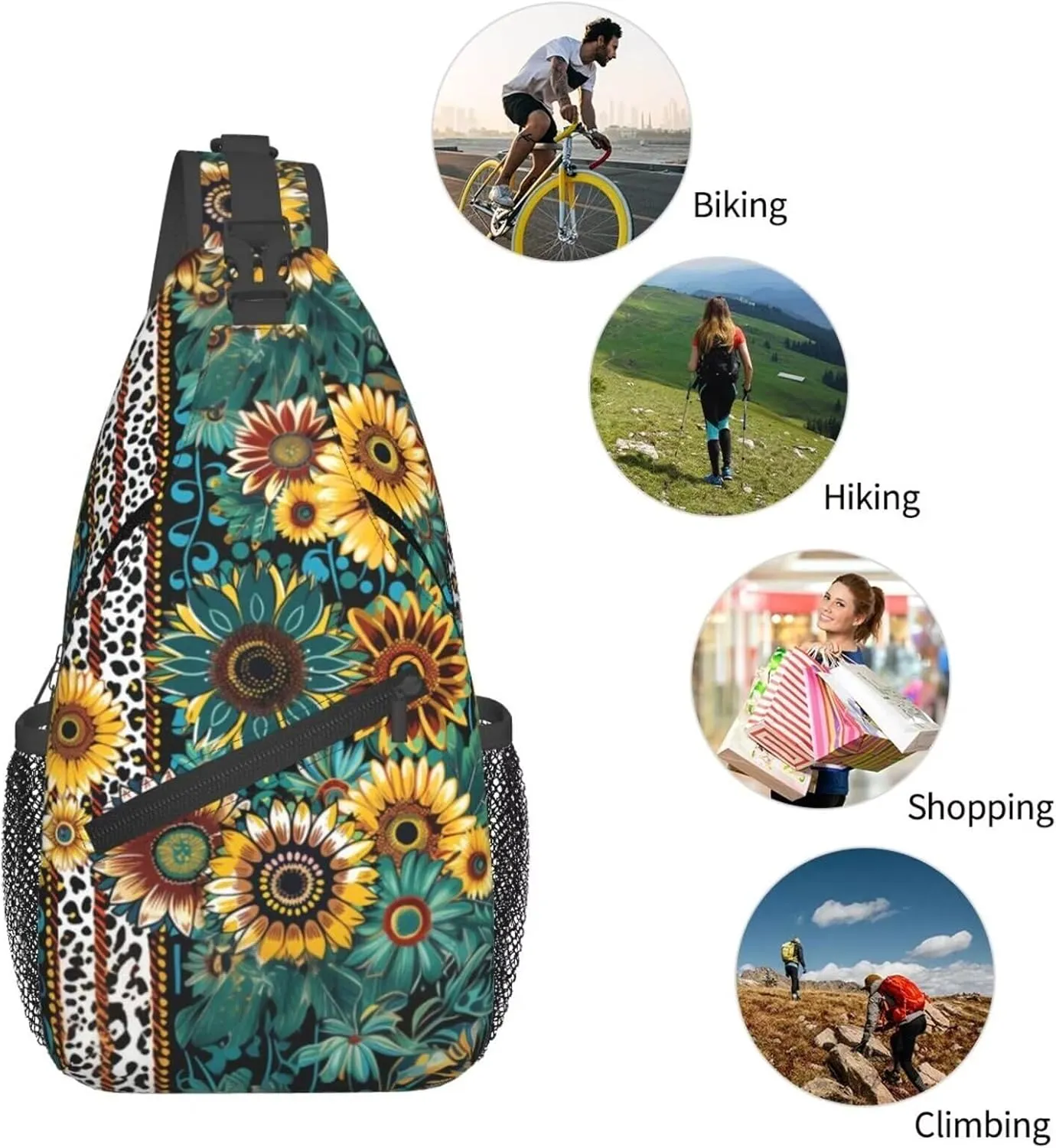 Brown Leopard Sling Bag Crossbody Backpack Sling Bags Green Leaves Sunflower Adjustable Chest Bag Casual Shoulder Daypack Backpack Travel Hiking Daypack