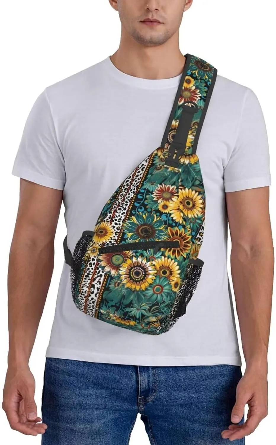 Brown Leopard Sling Bag Crossbody Backpack Sling Bags Green Leaves Sunflower Adjustable Chest Bag Casual Shoulder Daypack Backpack Travel Hiking Daypack