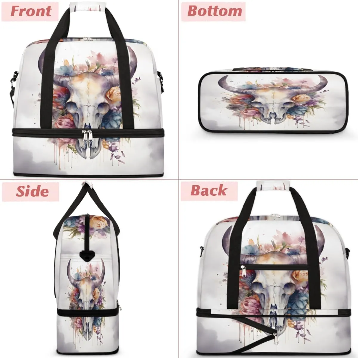 Bull Skull Flower Foldable Duffle Bag with Shoes Compartment Large Capacity Waterproof Travel Weekender Bag Overnight Bag for Sports Gym