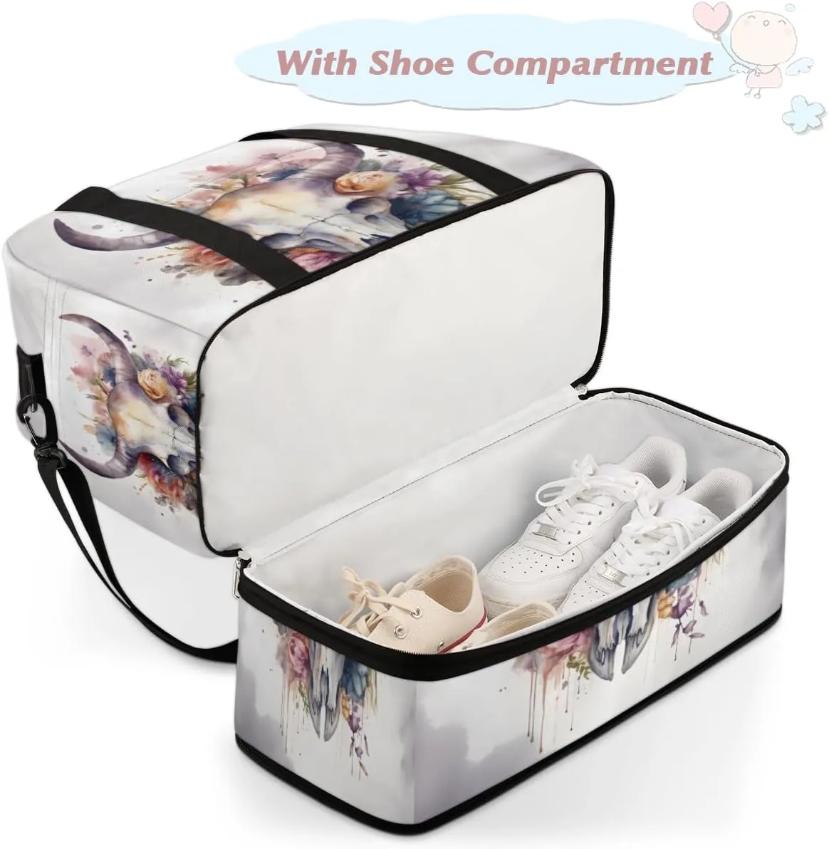 Bull Skull Flower Foldable Duffle Bag with Shoes Compartment Large Capacity Waterproof Travel Weekender Bag Overnight Bag for Sports Gym