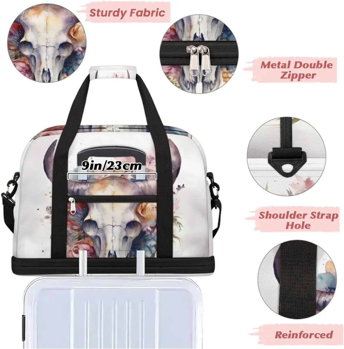 Bull Skull Flower Foldable Duffle Bag with Shoes Compartment Large Capacity Waterproof Travel Weekender Bag Overnight Bag for Sports Gym
