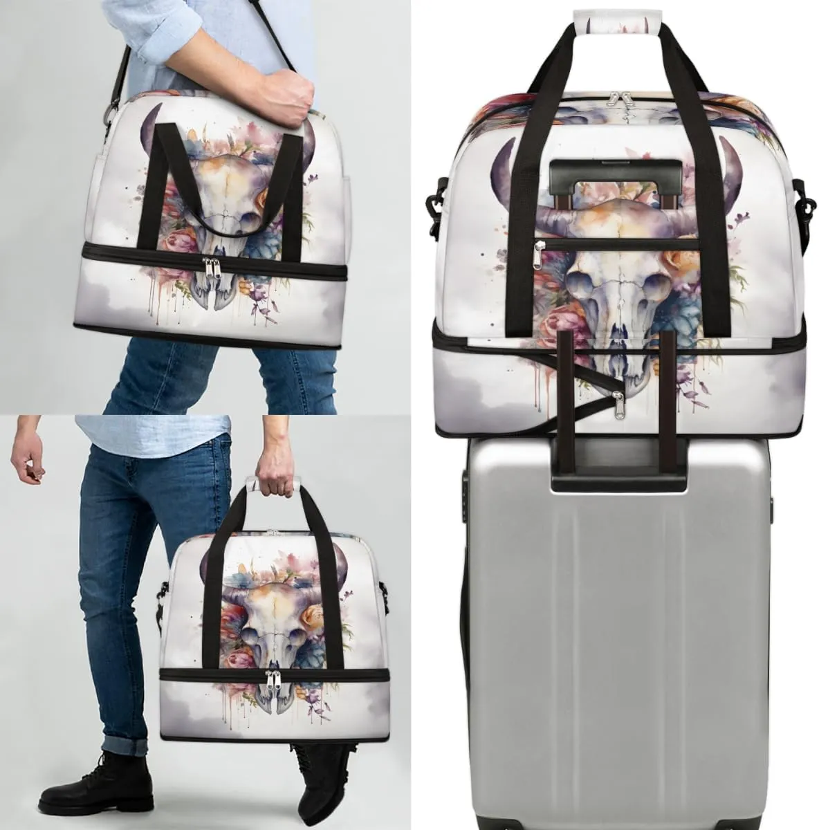 Bull Skull Flower Foldable Duffle Bag with Shoes Compartment Large Capacity Waterproof Travel Weekender Bag Overnight Bag for Sports Gym