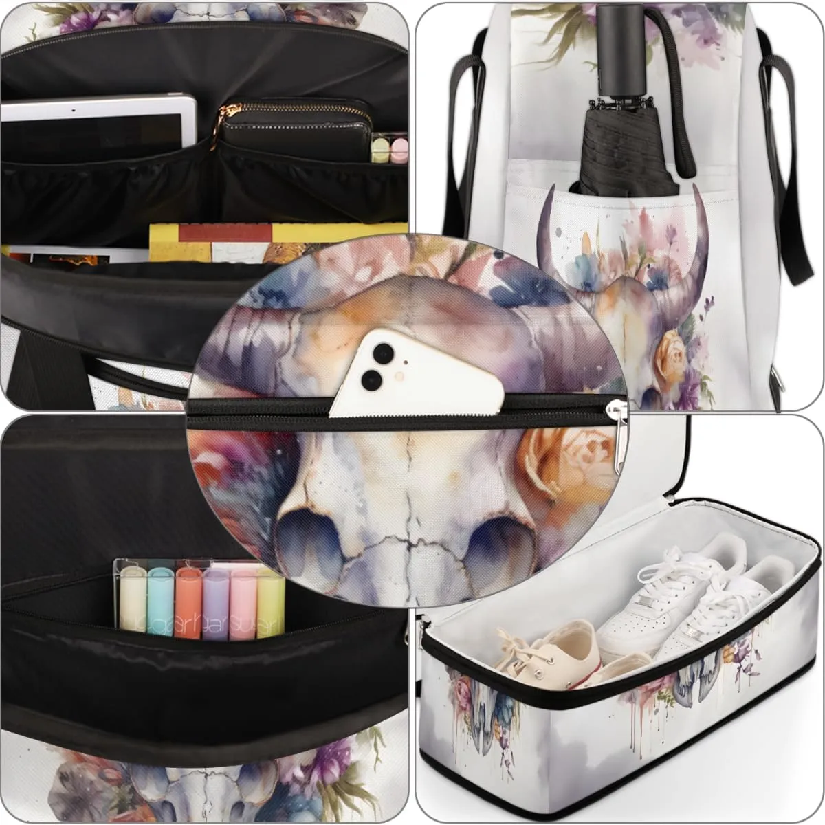 Bull Skull Flower Foldable Duffle Bag with Shoes Compartment Large Capacity Waterproof Travel Weekender Bag Overnight Bag for Sports Gym