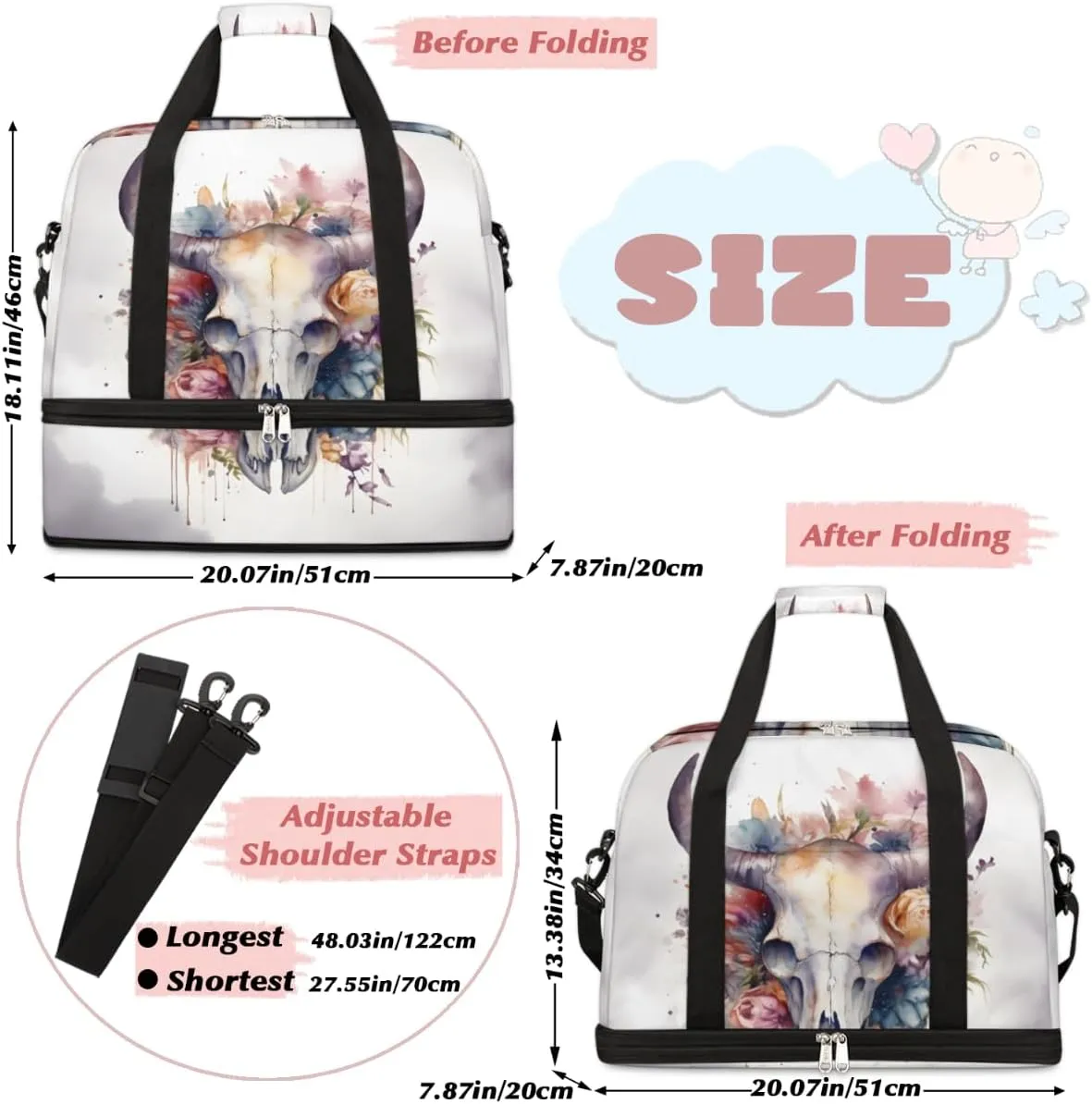 Bull Skull Flower Foldable Duffle Bag with Shoes Compartment Large Capacity Waterproof Travel Weekender Bag Overnight Bag for Sports Gym