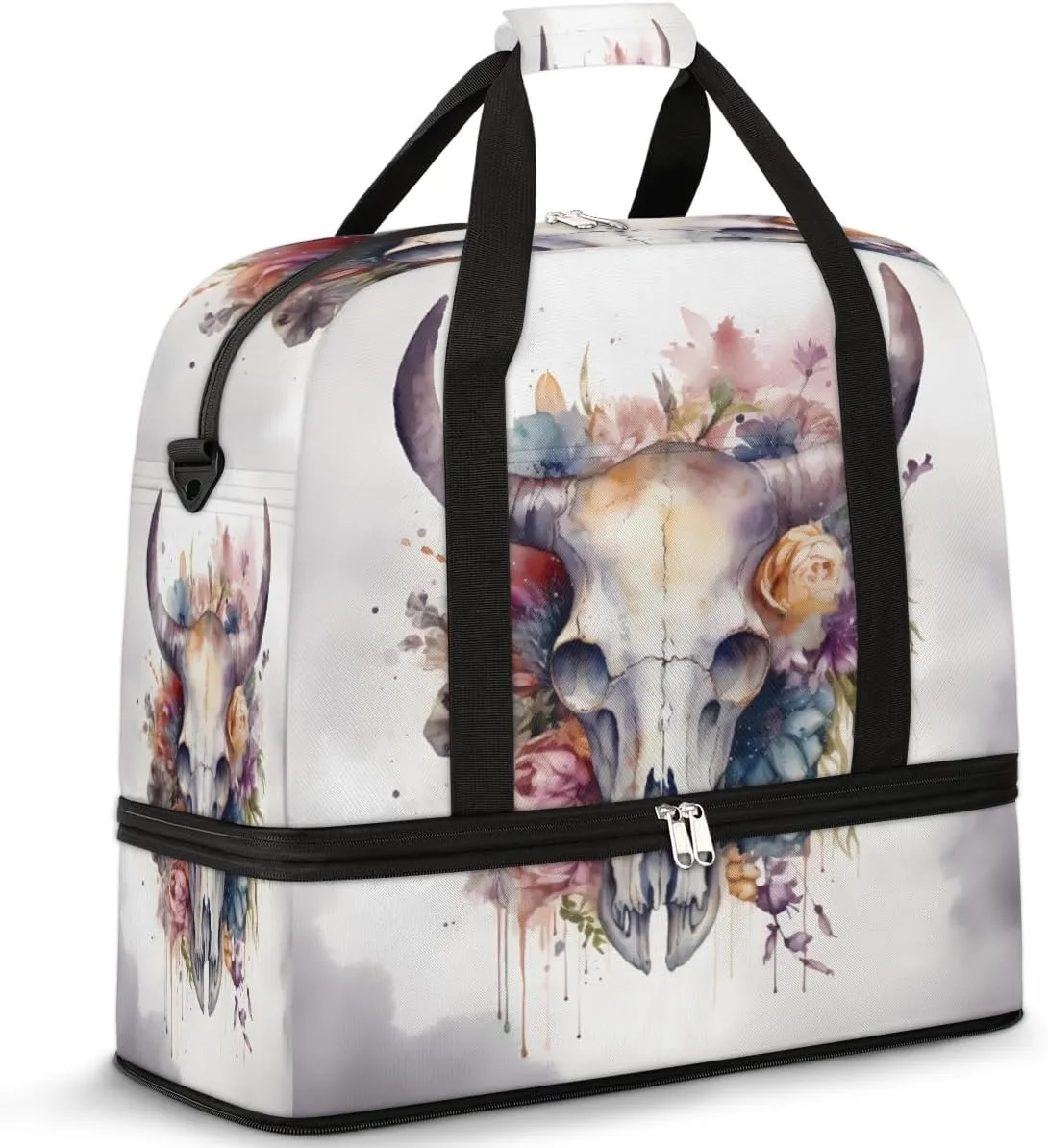 Bull Skull Flower Foldable Duffle Bag with Shoes Compartment Large Capacity Waterproof Travel Weekender Bag Overnight Bag for Sports Gym