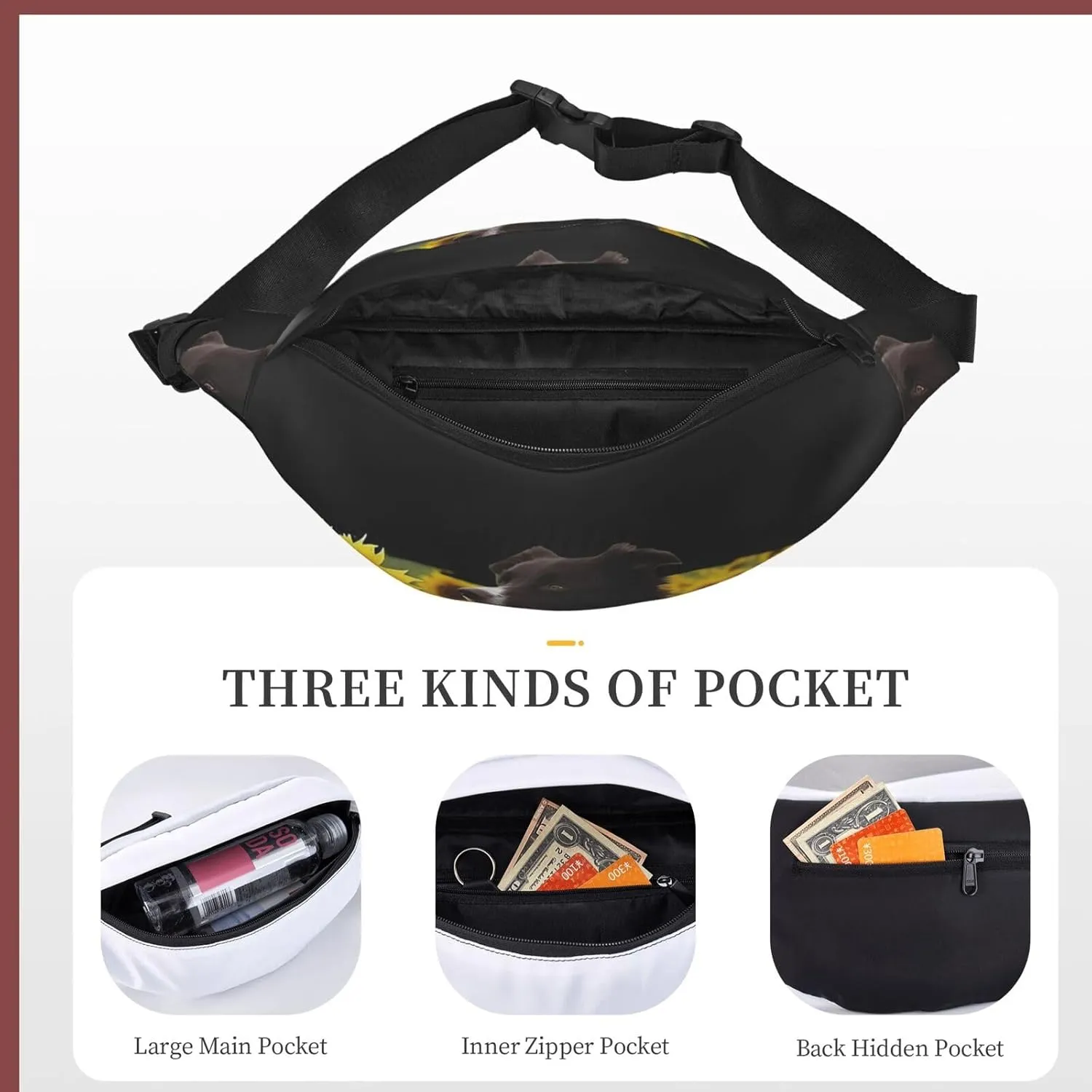 Bumbag Fanny Pack for Women Men Waist Pack Fashion Bum Bag Two Rabbits in Garland Waist Bag for Sport Hiking Travel, Sunflower and Dog, One Size