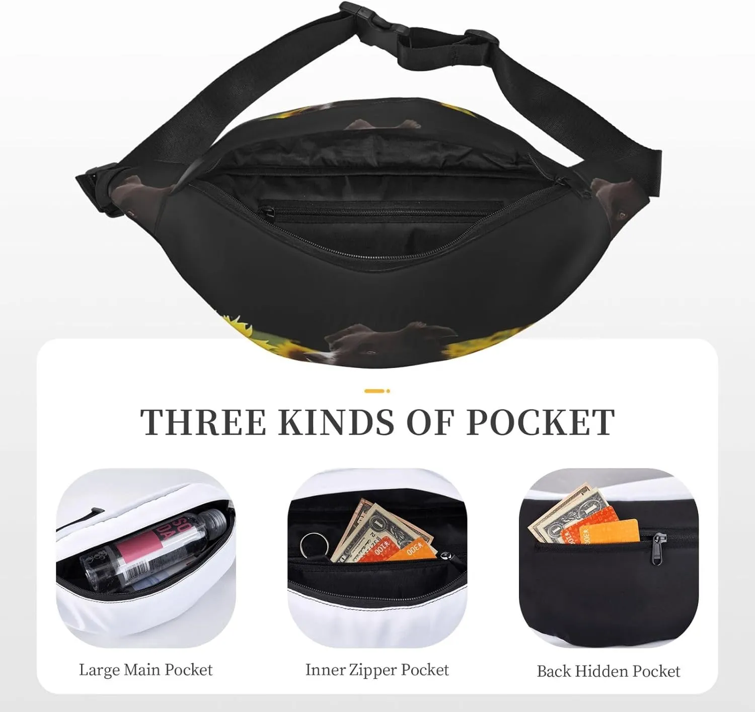 Bumbag Fanny Pack for Women Men Waist Pack Fashion Bum Bag Two Rabbits in Garland Waist Bag for Sport Hiking Travel, Sunflower and Dog, One Size