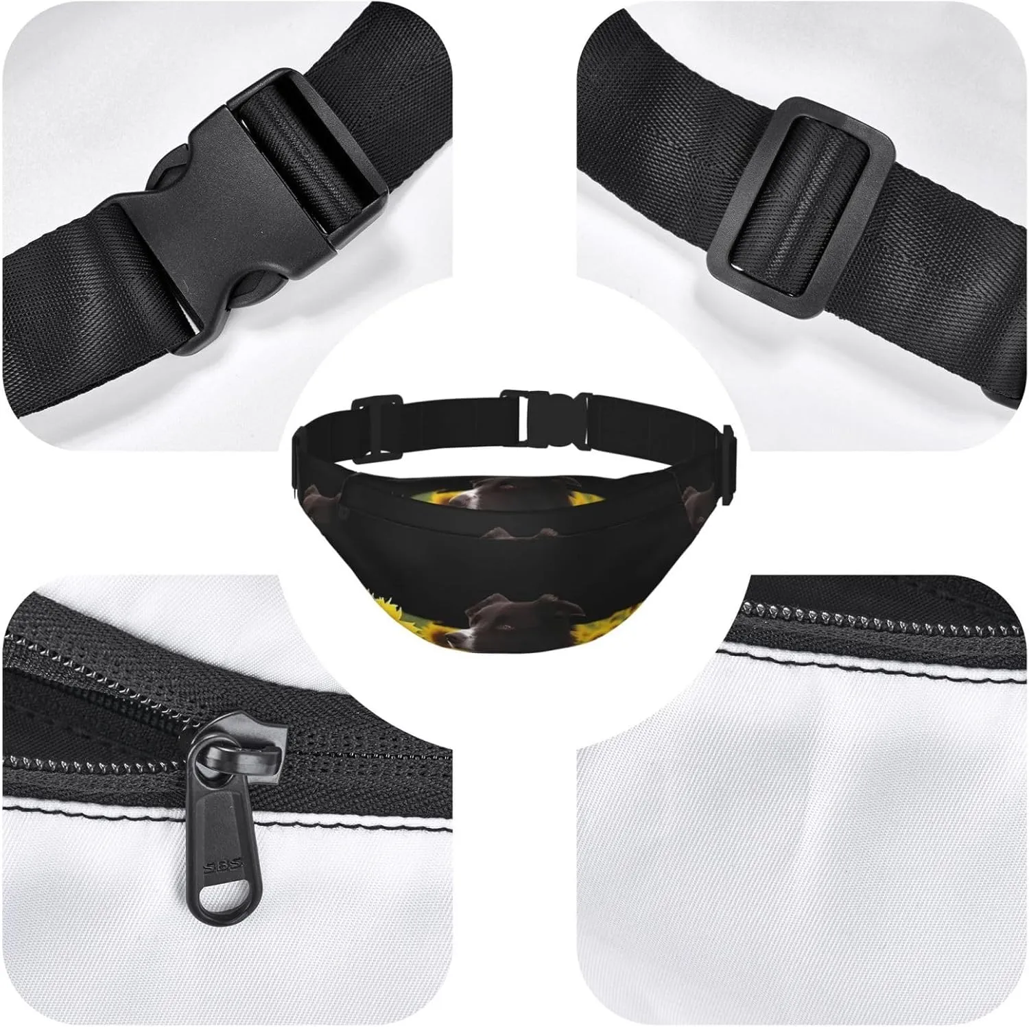 Bumbag Fanny Pack for Women Men Waist Pack Fashion Bum Bag Two Rabbits in Garland Waist Bag for Sport Hiking Travel, Sunflower and Dog, One Size