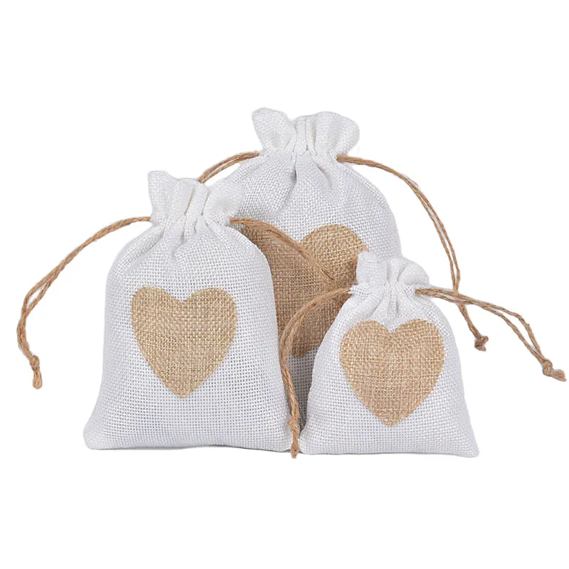 Burlap Jute Drawstring Bags Heart Pattern - 3 Sizes