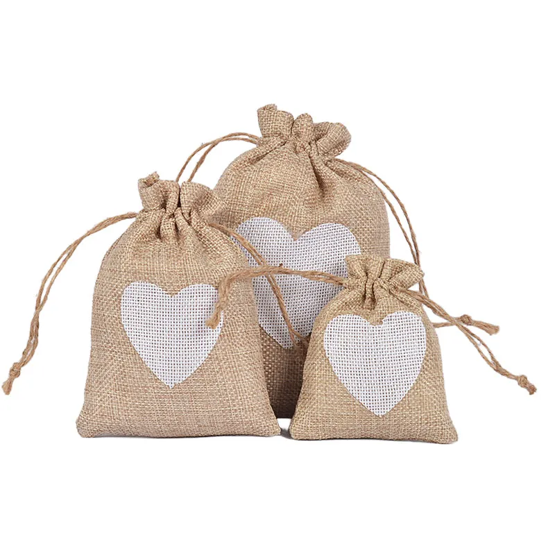 Burlap Jute Drawstring Bags Heart Pattern - 3 Sizes