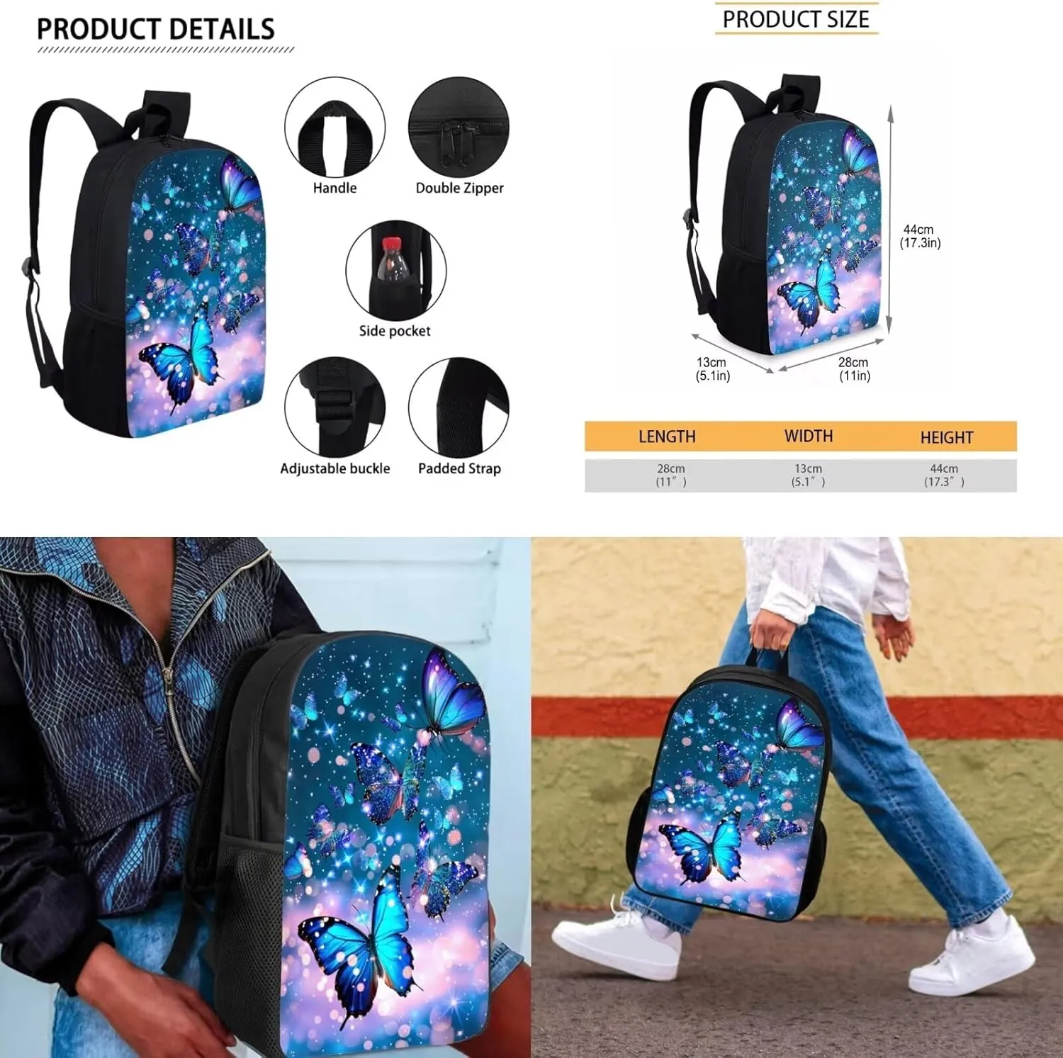 Butterflies Cute Middle School Backpacks for Girls Backpack for Kids Boys Elementary School Insulated Lunch Box Pencil Case Teen Girls Kids Travel Bags Sets School Backpack