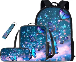 Butterflies Cute Middle School Backpacks for Girls Backpack for Kids Boys Elementary School Insulated Lunch Box Pencil Case Teen Girls Kids Travel Bags Sets School Backpack