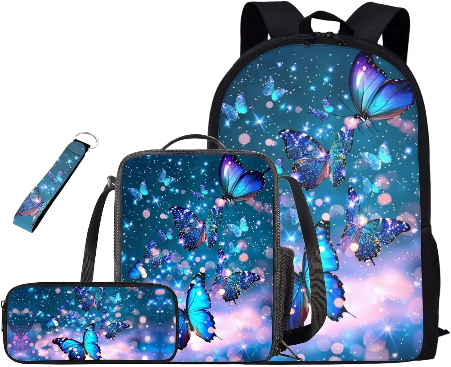 Butterflies Cute Middle School Backpacks for Girls Backpack for Kids Boys Elementary School Insulated Lunch Box Pencil Case Teen Girls Kids Travel Bags Sets School Backpack