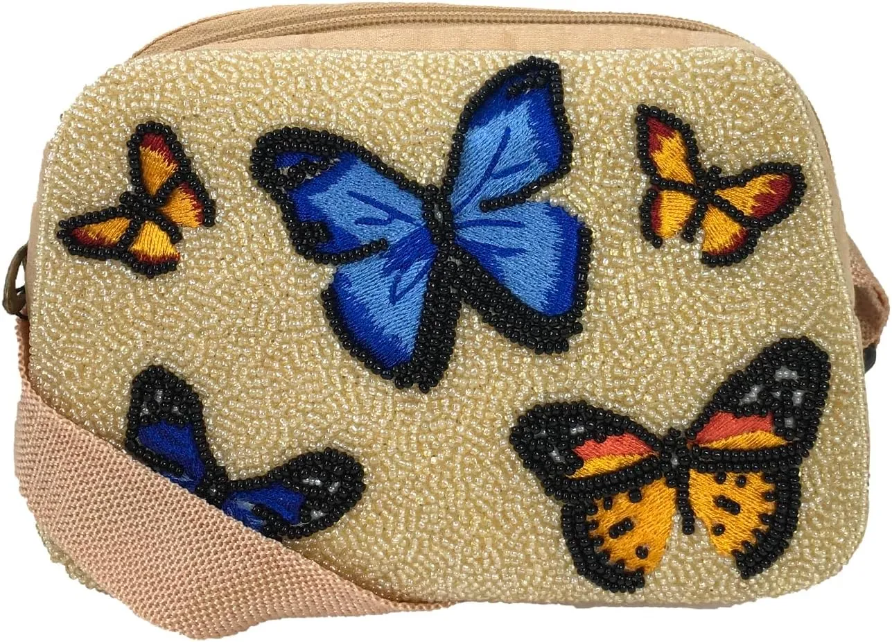 Butterfly Wings Beaded Convertible Sling Crossbody Waist Belt Bag, Multicolored