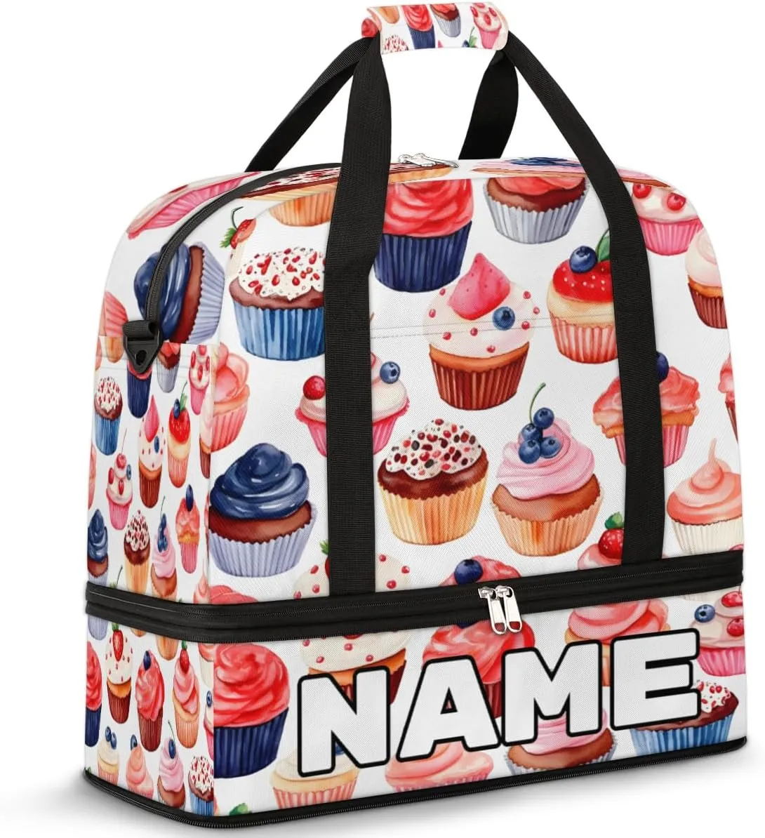 Candy Sweets Cupcakes Custom Foldable Duffle Bag with Shoes Compartment Personalized Large Capacity Waterproof Travel Weekender Bag Overnight Bag for Sports Gym
