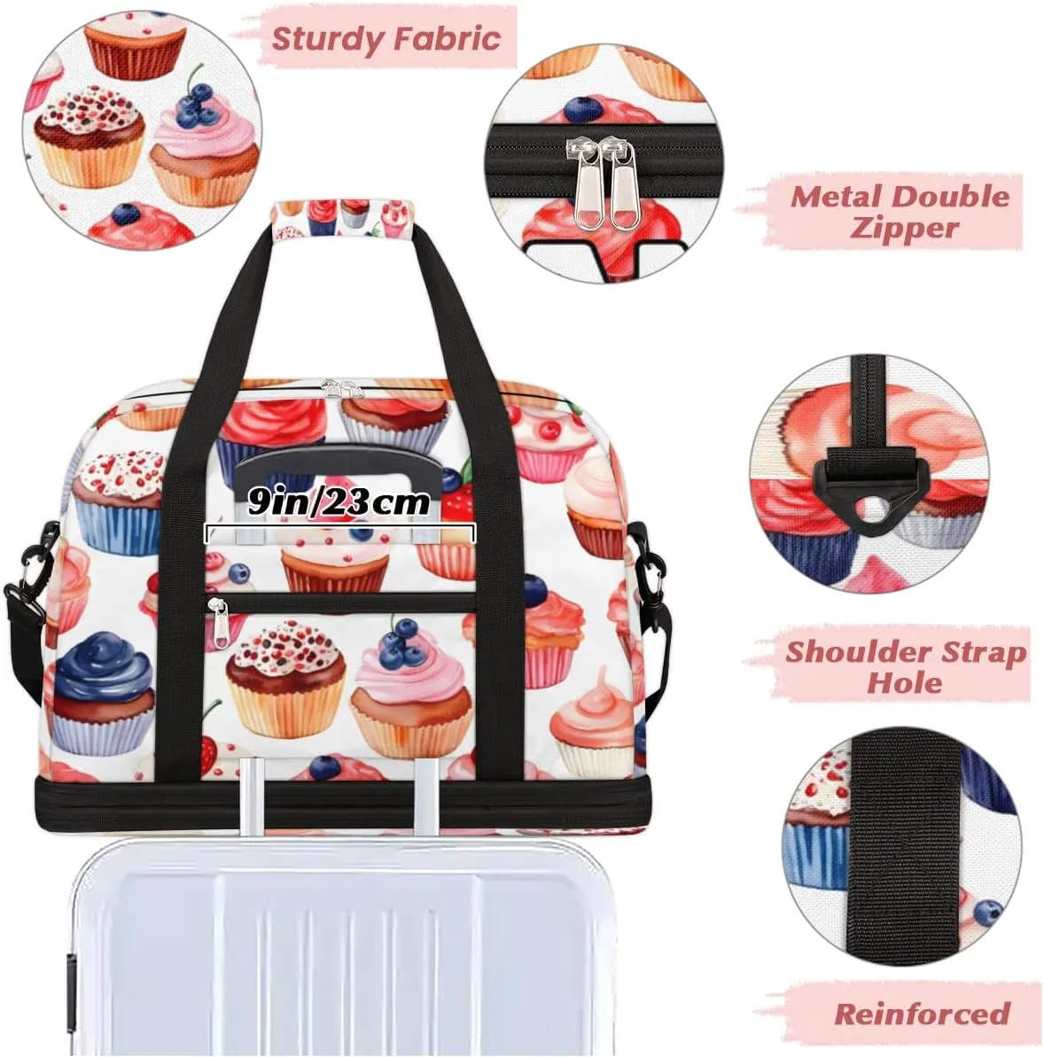 Candy Sweets Cupcakes Custom Foldable Duffle Bag with Shoes Compartment Personalized Large Capacity Waterproof Travel Weekender Bag Overnight Bag for Sports Gym