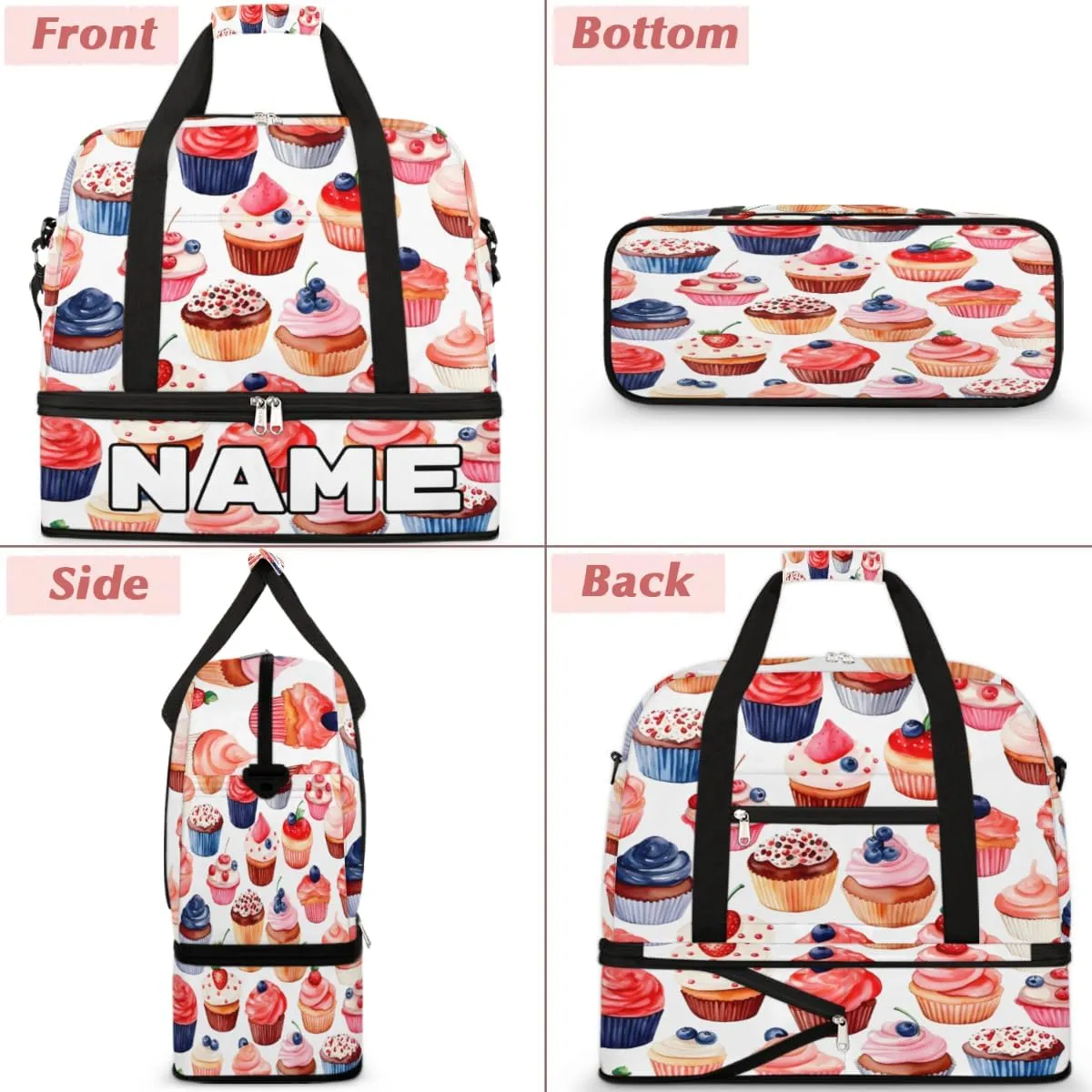 Candy Sweets Cupcakes Custom Foldable Duffle Bag with Shoes Compartment Personalized Large Capacity Waterproof Travel Weekender Bag Overnight Bag for Sports Gym