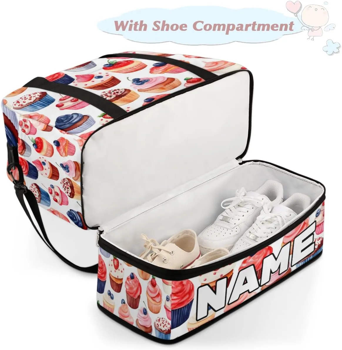 Candy Sweets Cupcakes Custom Foldable Duffle Bag with Shoes Compartment Personalized Large Capacity Waterproof Travel Weekender Bag Overnight Bag for Sports Gym