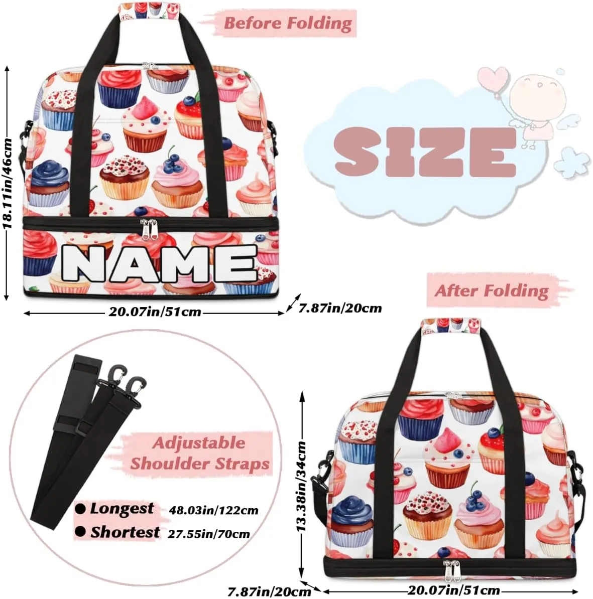 Candy Sweets Cupcakes Custom Foldable Duffle Bag with Shoes Compartment Personalized Large Capacity Waterproof Travel Weekender Bag Overnight Bag for Sports Gym