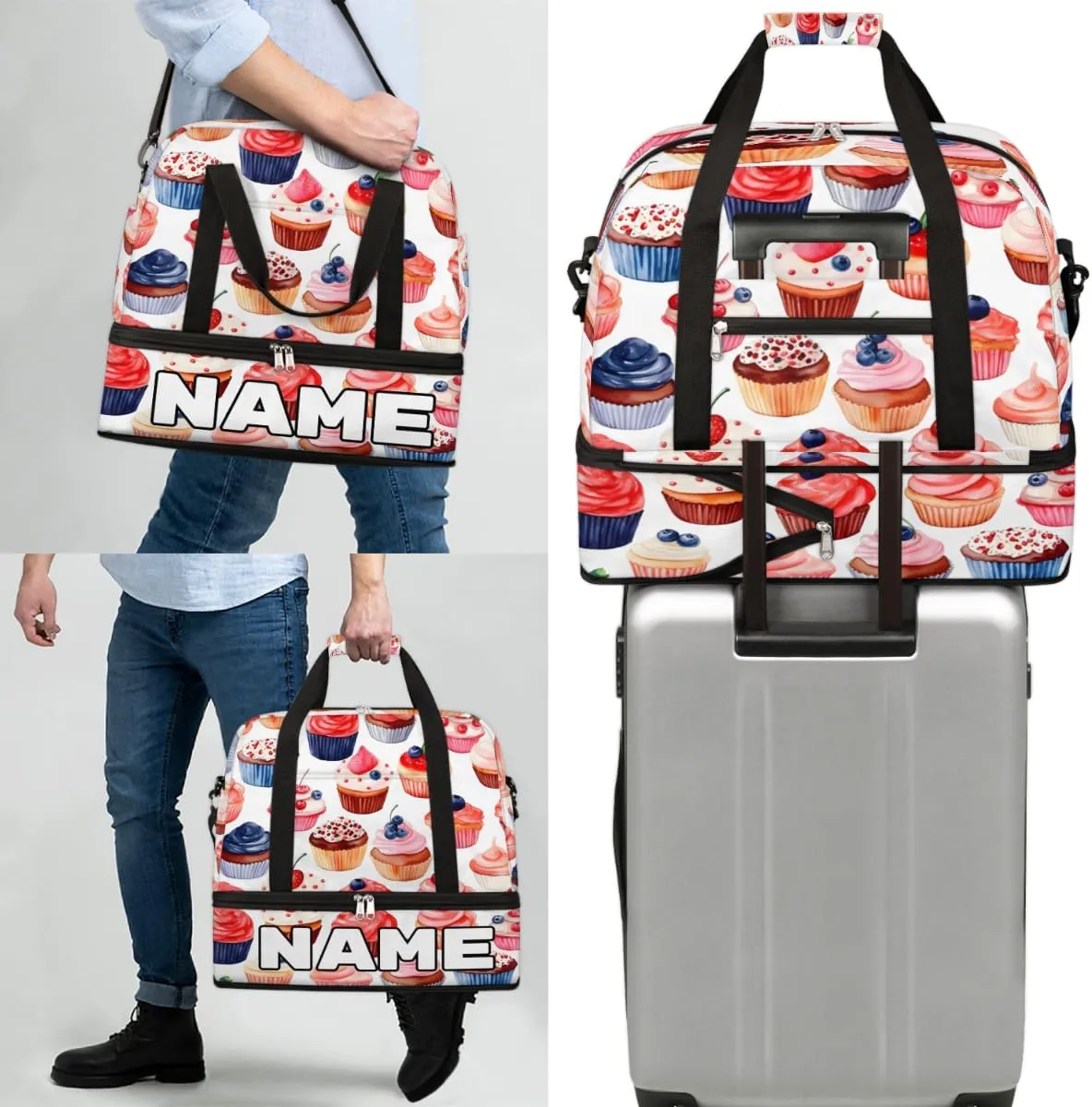 Candy Sweets Cupcakes Custom Foldable Duffle Bag with Shoes Compartment Personalized Large Capacity Waterproof Travel Weekender Bag Overnight Bag for Sports Gym