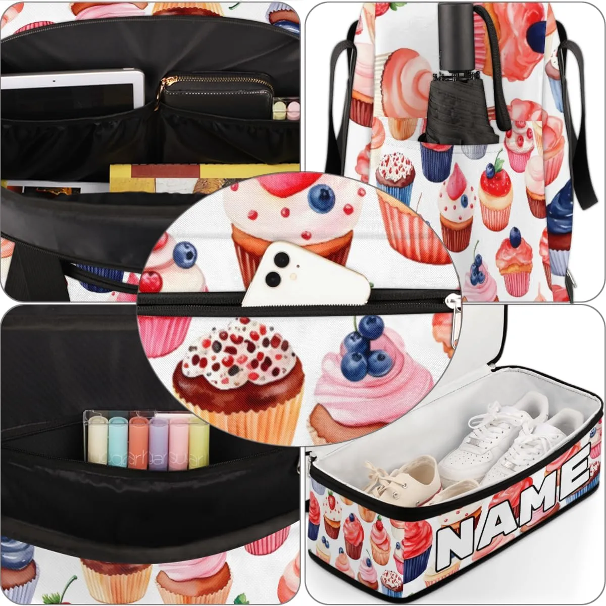 Candy Sweets Cupcakes Custom Foldable Duffle Bag with Shoes Compartment Personalized Large Capacity Waterproof Travel Weekender Bag Overnight Bag for Sports Gym