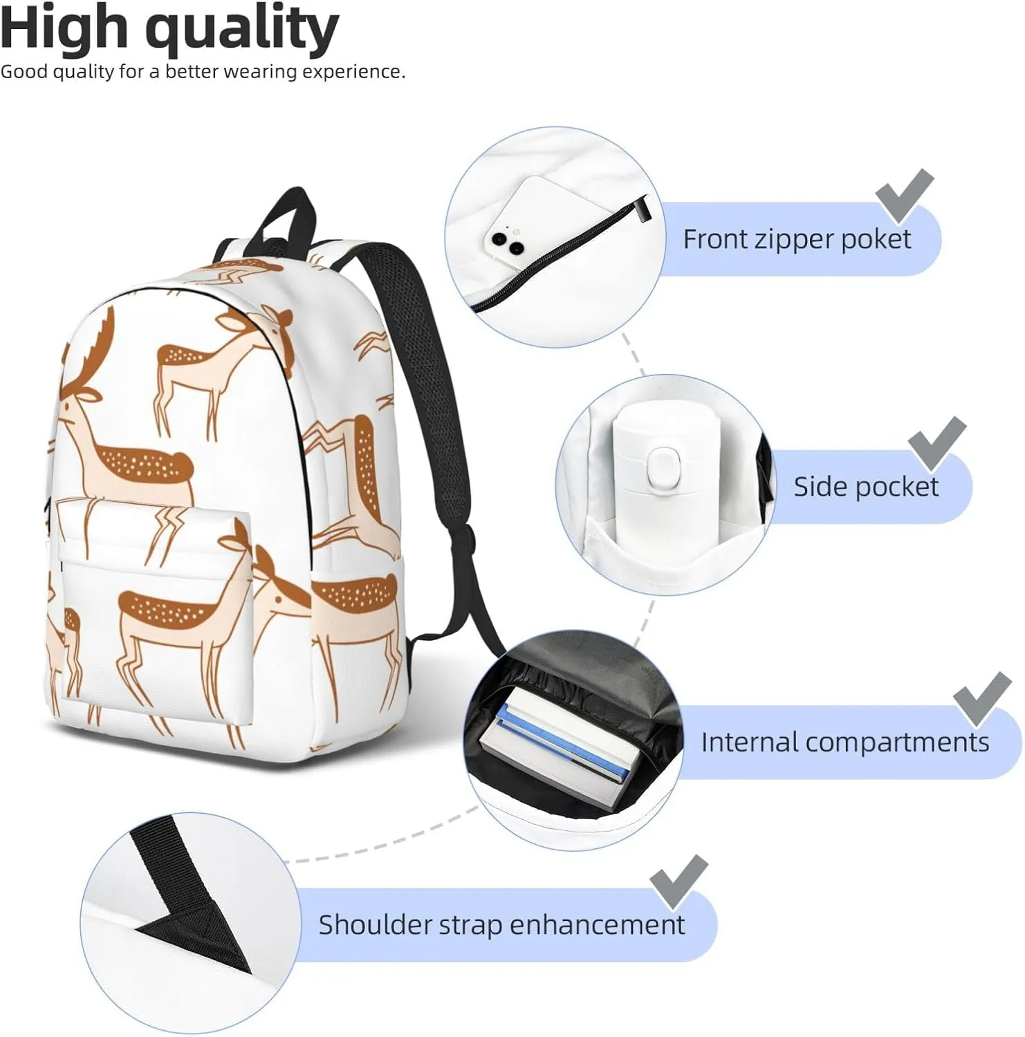 Canvas Casual Backpack Laptop Bag Suitable for Travel Office Outdoor Sports Men and Women Cute Elk