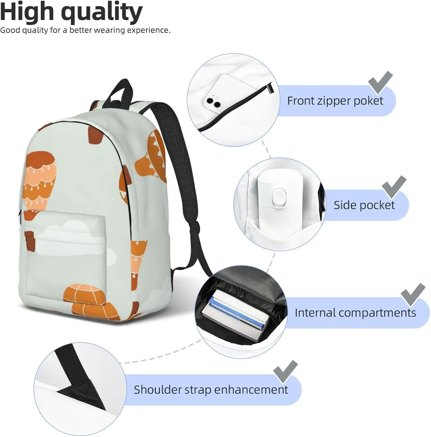 Canvas Casual Backpack Laptop Bag Suitable for Travel Office Outdoor Sports Men and Women Cute Hot Air Balloon