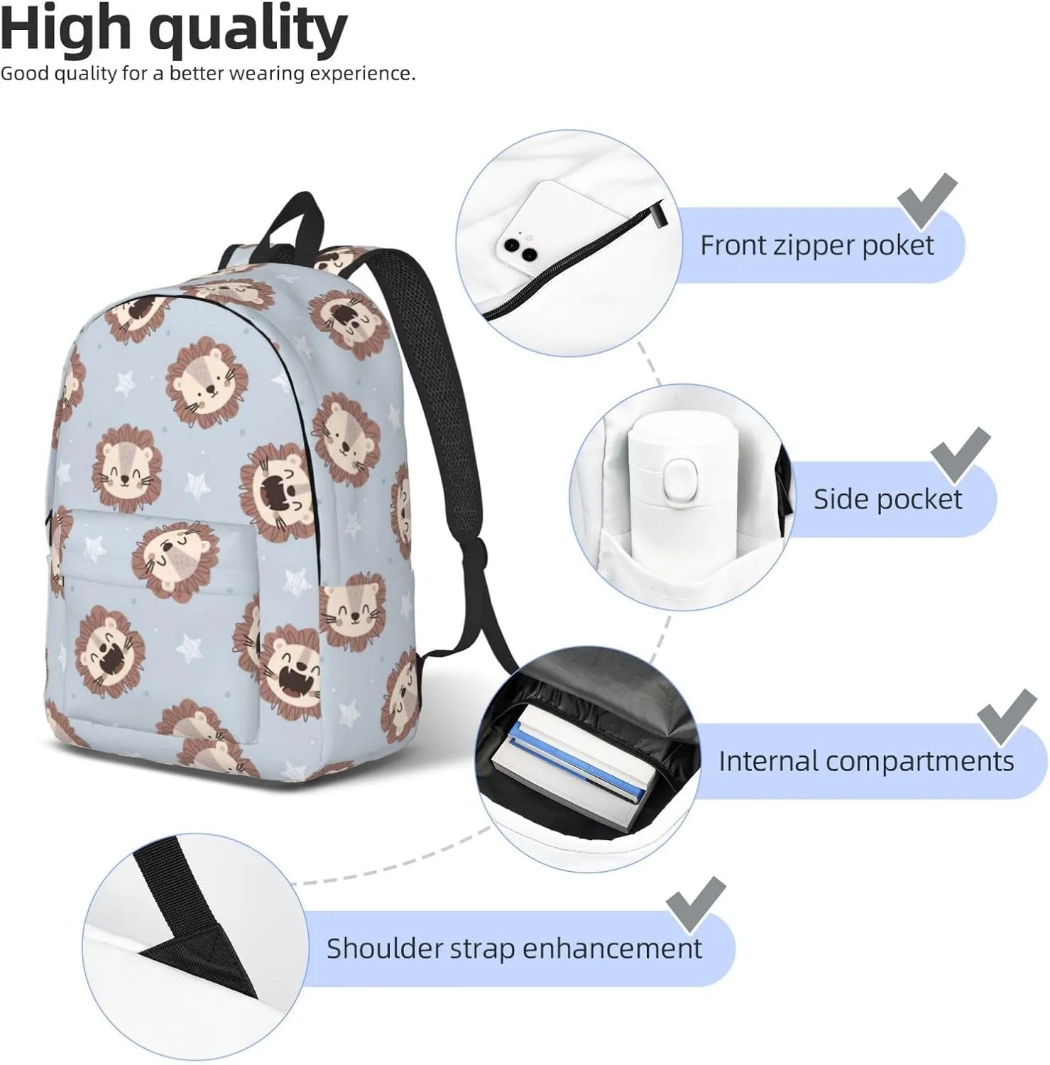 Canvas Casual Backpack Laptop Bag Suitable for Travel Office Outdoor Sports Men and Women Cute Lion