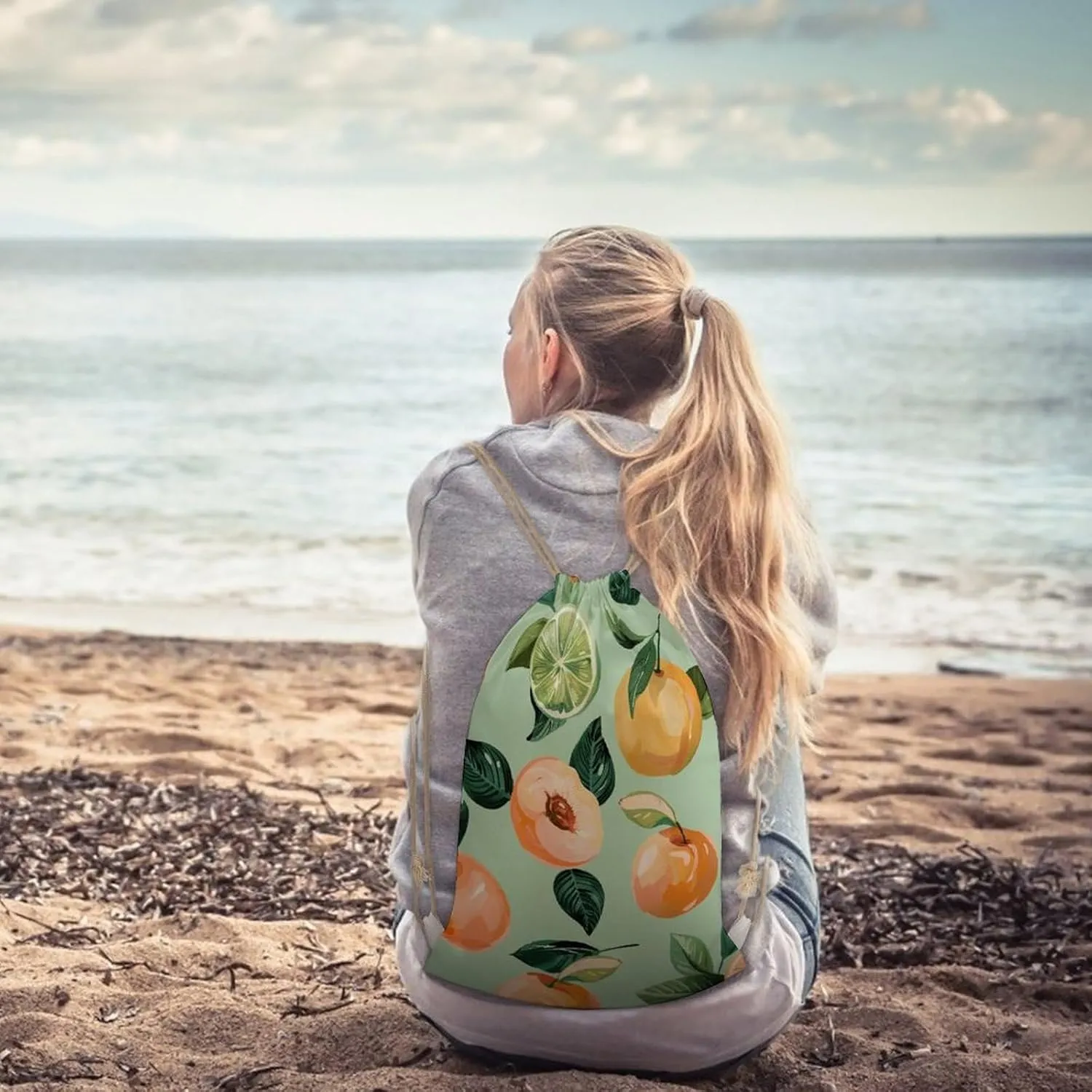 Canvas Drawstring Backpack, With Peach Pattern Drawstring Sport Gym Bags for Travel, Work, Yoga & Daily Use
