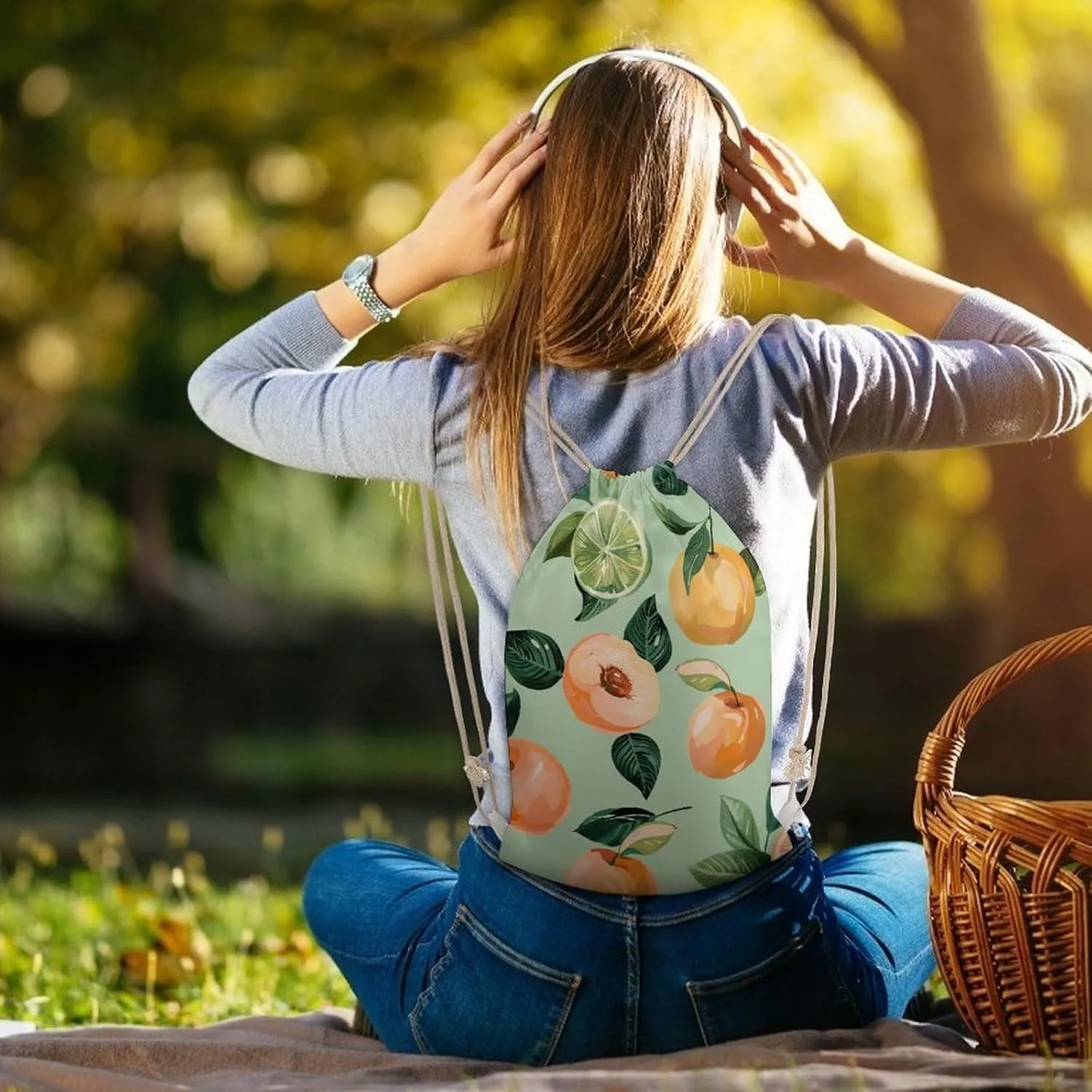 Canvas Drawstring Backpack, With Peach Pattern Drawstring Sport Gym Bags for Travel, Work, Yoga & Daily Use