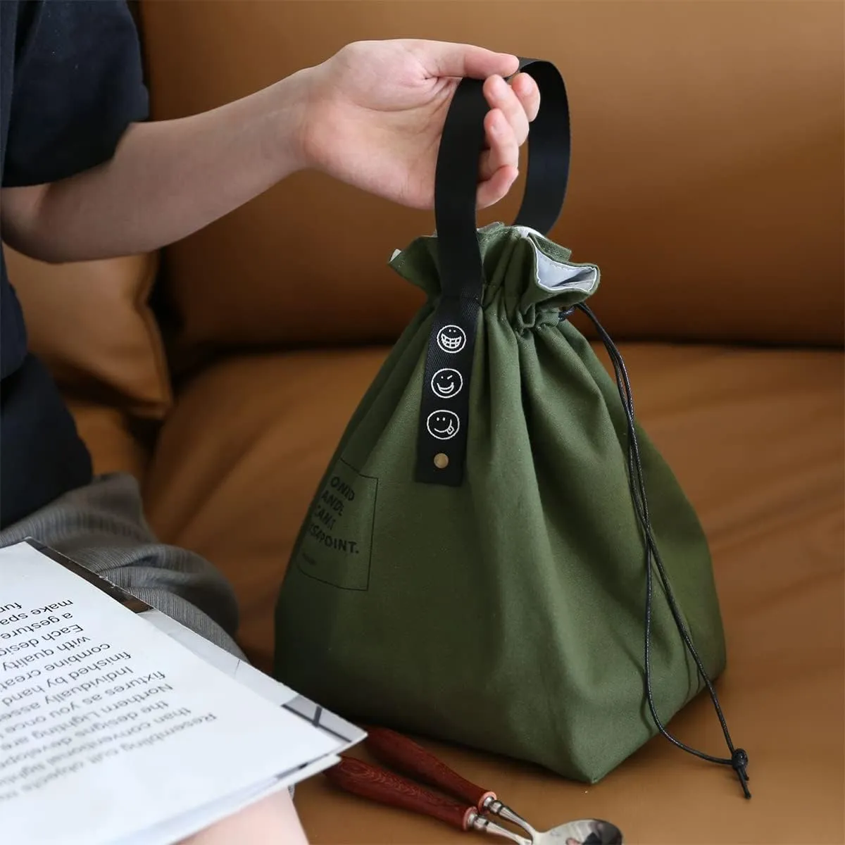 Canvas Drawstring Lunch Bag Insulated Lunch Bento Tote Bag Reusable Lunch Bag with Handle and Drawstring Closure for Women Work Picnic or Travel (COLOR1)
