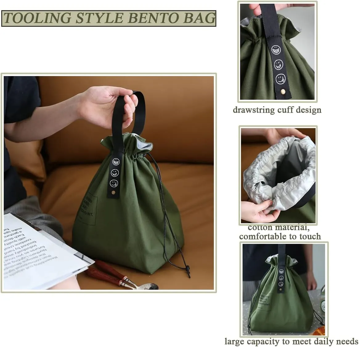 Canvas Drawstring Lunch Bag Insulated Lunch Bento Tote Bag Reusable Lunch Bag with Handle and Drawstring Closure for Women Work Picnic or Travel (COLOR1)