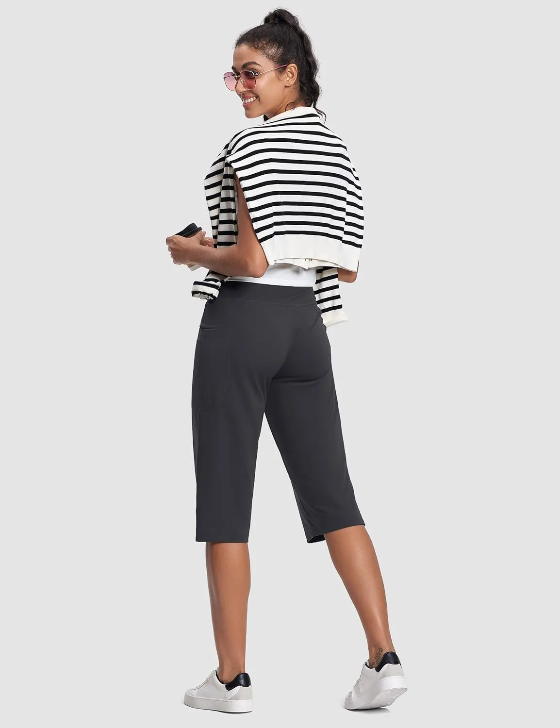 Capri Pants for Women High Waist with Pockets Tummy Control Capri Workout Yoga Pants Loose Straight Leg