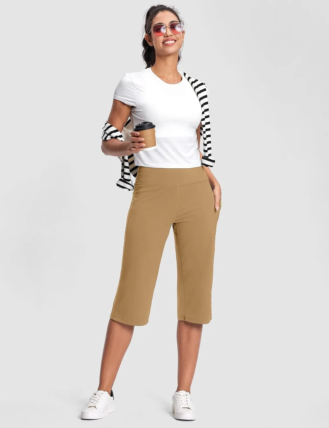 Capri Pants for Women High Waist with Pockets Tummy Control Capri Workout Yoga Pants Loose Straight Leg