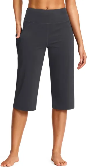 Capri Pants for Women High Waist with Pockets Tummy Control Capri Workout Yoga Pants Loose Straight Leg