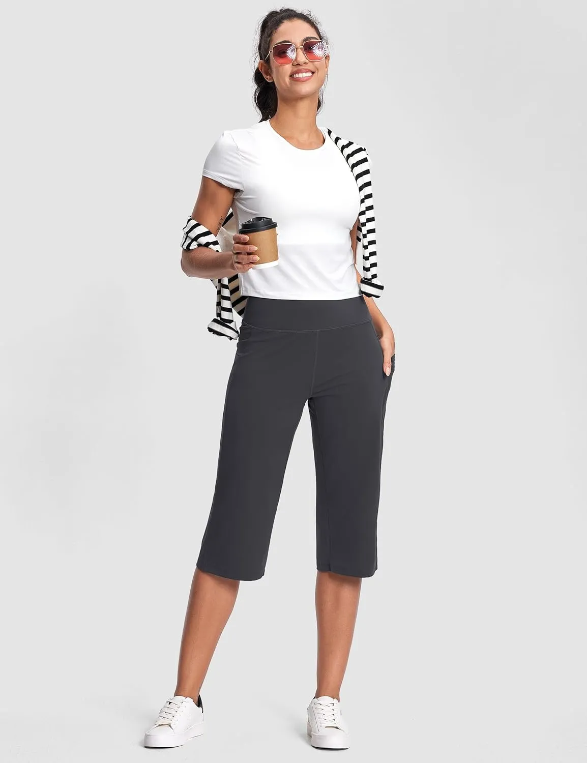 Capri Pants for Women High Waist with Pockets Tummy Control Capri Workout Yoga Pants Loose Straight Leg