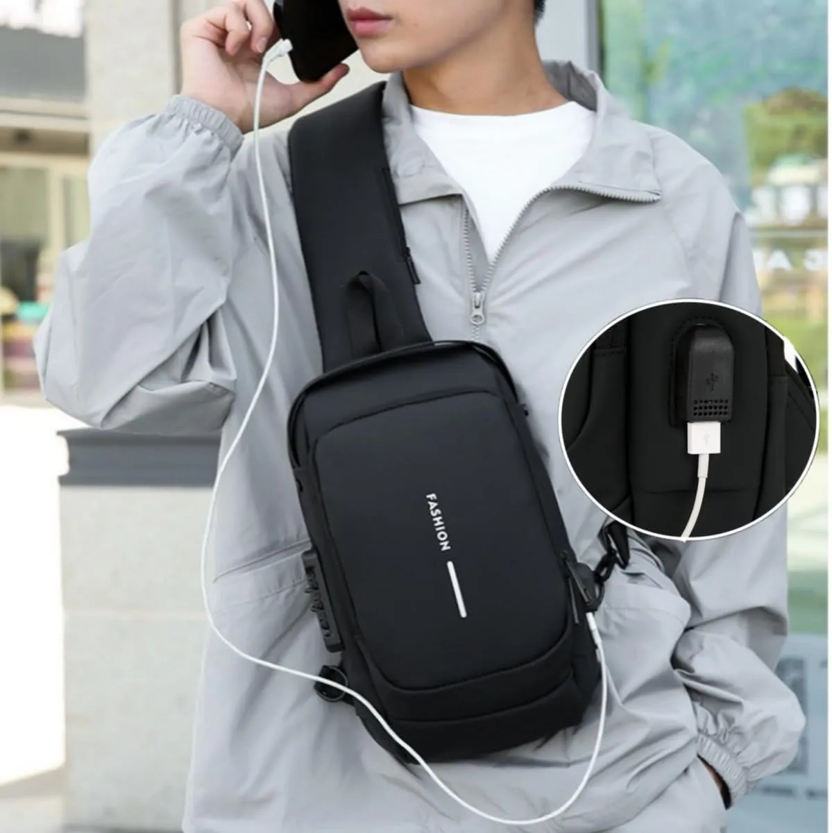 Carbon Fiber Streamline Anti-theft Sling Bag - 2025 New USB Charging Sport Sling, Waterproof Shoulder Backpack (Black and Brown)