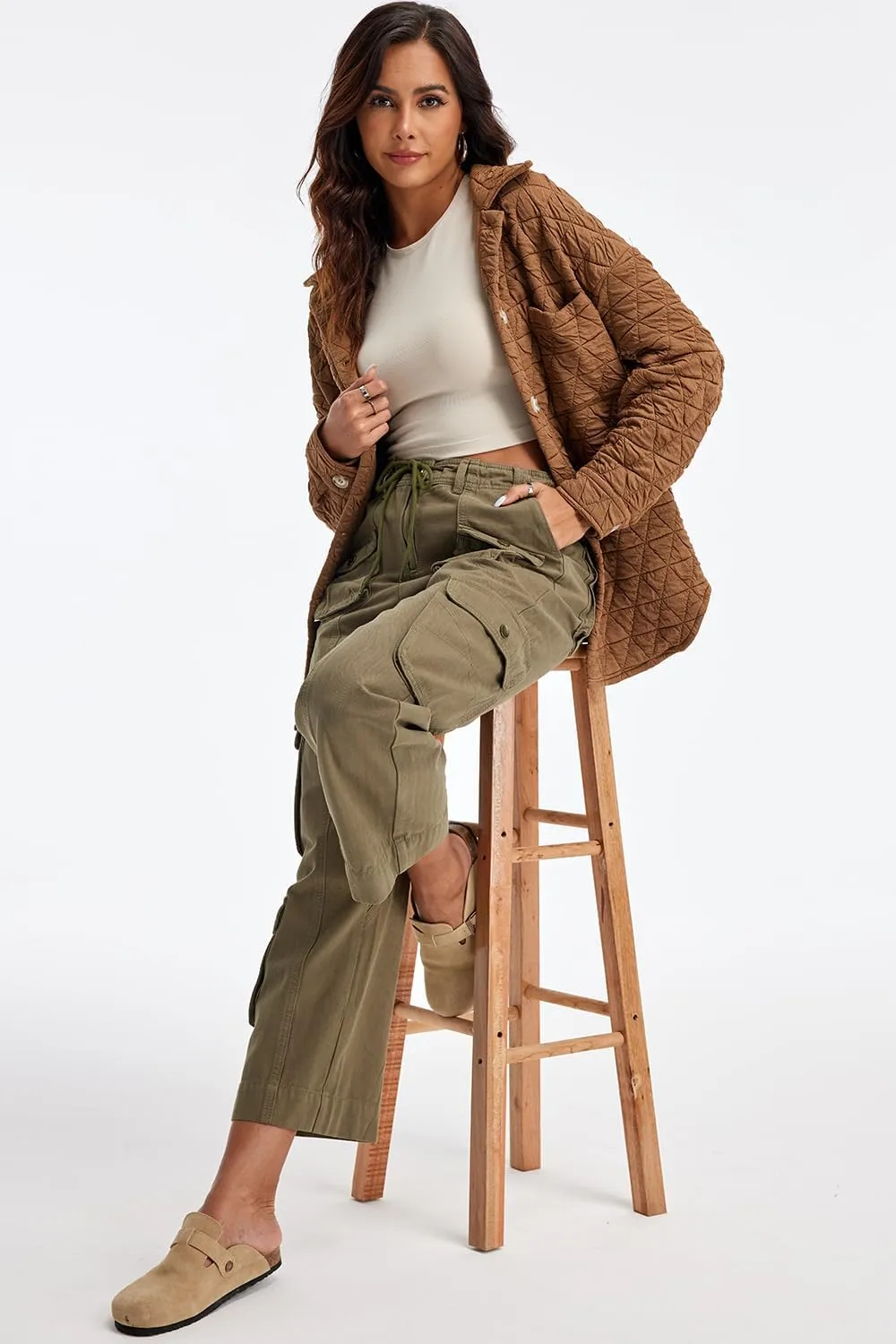 Cargo Pants for Women Low Rise Drawstring Waist 7 Pockets Hiking Work Wide Leg Pants with Zipper Button Closure