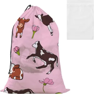 Cartoon Calf Cow Flowers Mesh Laundry Bag Large Lightweight Laundry Bag with Drawstring Closure for Travel