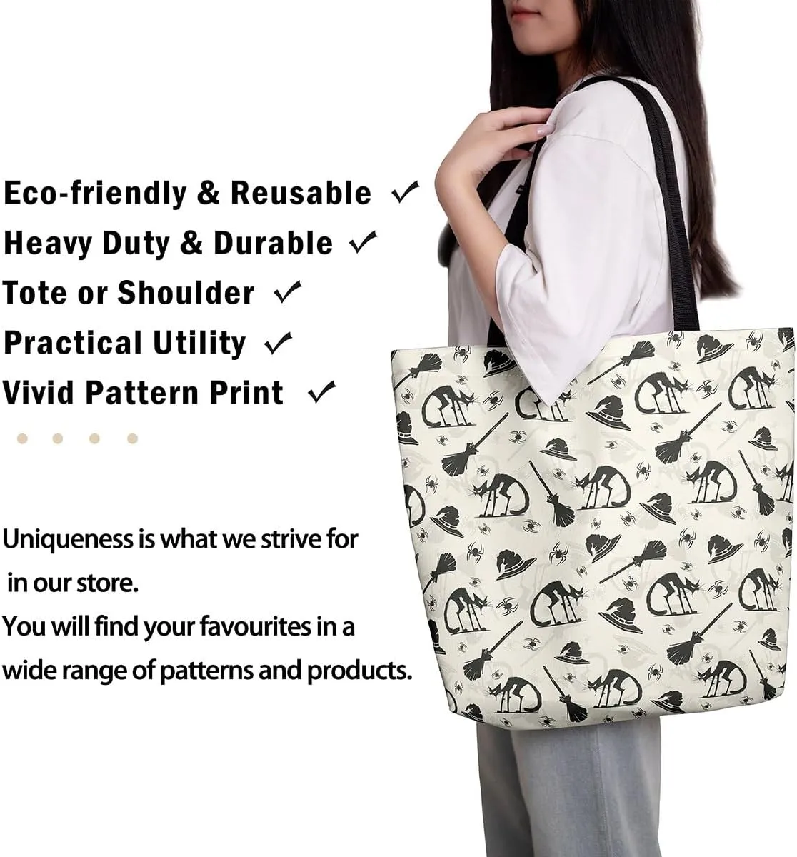 Cartoon Ghost Canvas Tote Bag for Women,Halloween Pumpkin Decorations Gothic Large Capacity Gym Bag