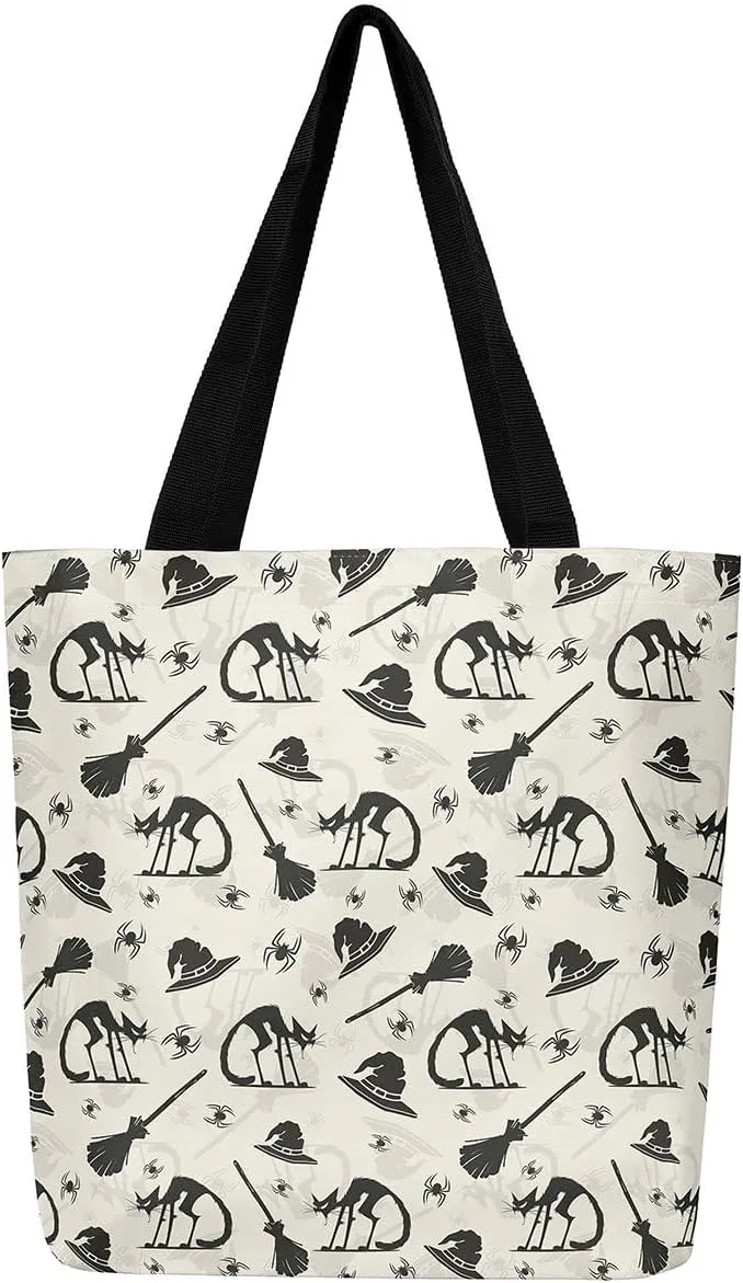 Cartoon Ghost Canvas Tote Bag for Women,Halloween Pumpkin Decorations Gothic Large Capacity Gym Bag