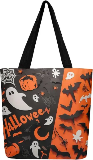 Cartoon Ghost Canvas Tote Bag for Women,Halloween Pumpkin Decorations Gothic Large Capacity Gym Bag