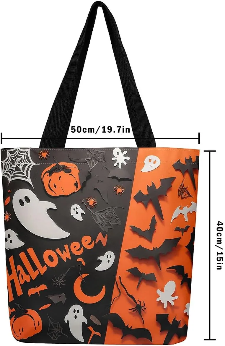 Cartoon Ghost Canvas Tote Bag for Women,Halloween Pumpkin Decorations Gothic Large Capacity Gym Bag