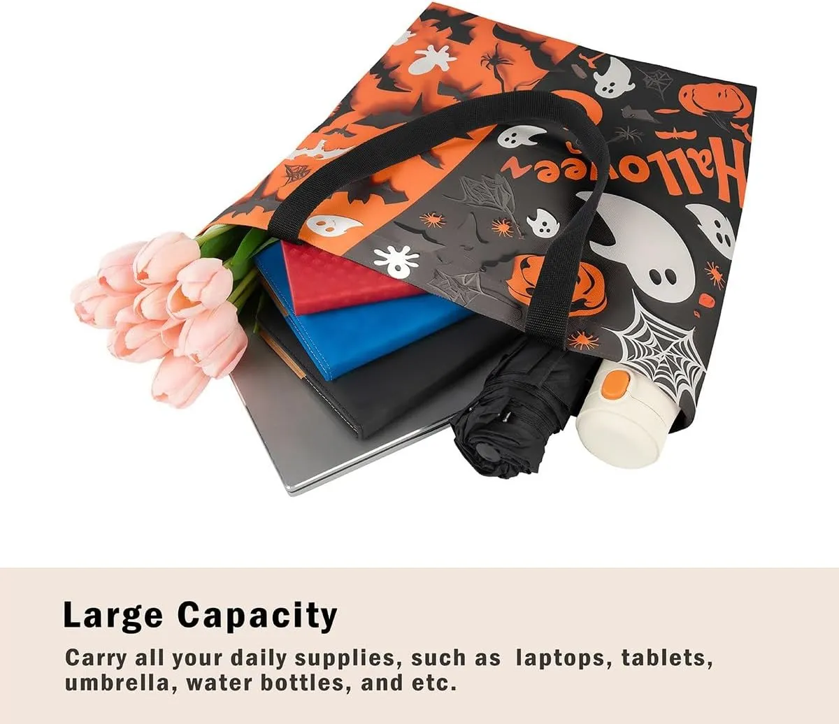 Cartoon Ghost Canvas Tote Bag for Women,Halloween Pumpkin Decorations Gothic Large Capacity Gym Bag