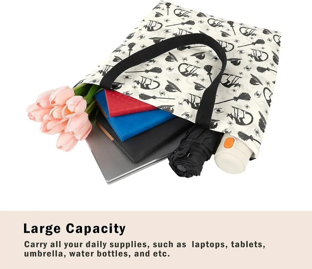 Cartoon Ghost Canvas Tote Bag for Women,Halloween Pumpkin Decorations Gothic Large Capacity Gym Bag