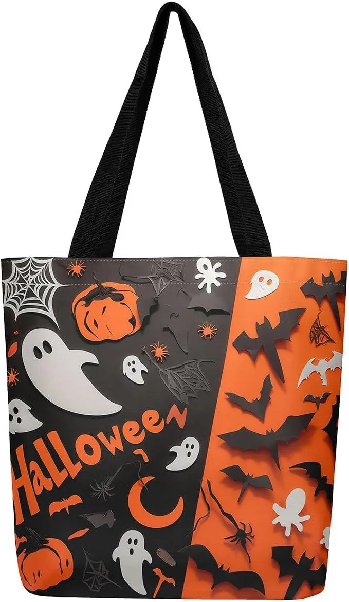 Cartoon Ghost Canvas Tote Bag for Women,Halloween Pumpkin Decorations Gothic Large Capacity Gym Bag