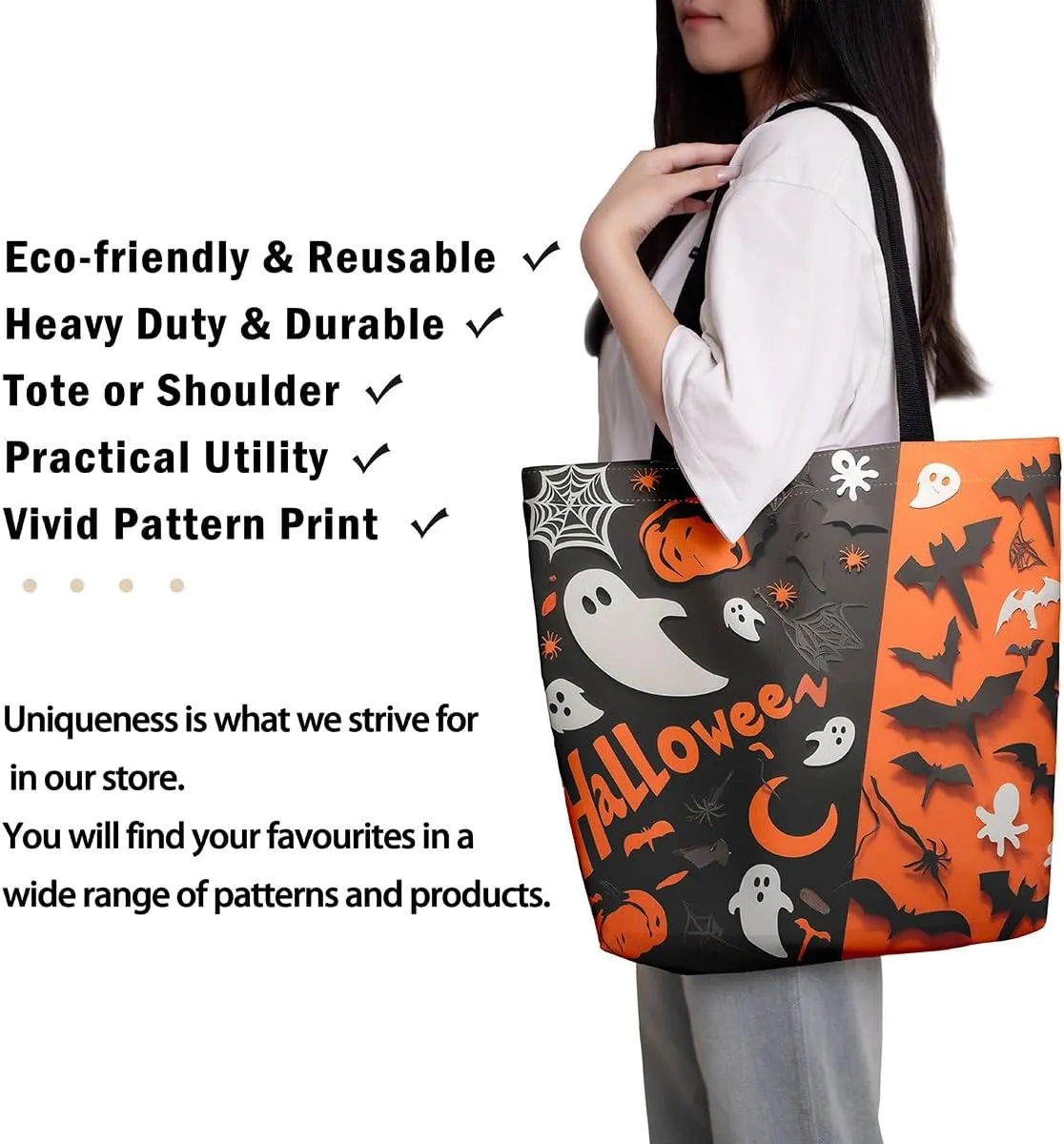 Cartoon Ghost Canvas Tote Bag for Women,Halloween Pumpkin Decorations Gothic Large Capacity Gym Bag