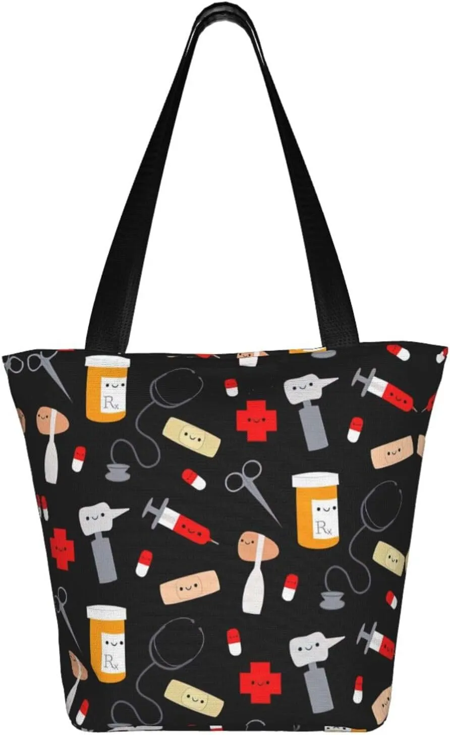Cartoon Medicine Pattern Print Shoulder Tote Bag Women'S Large Size Handbag Casual Tote Shopping Bag For Women Fashion Travel