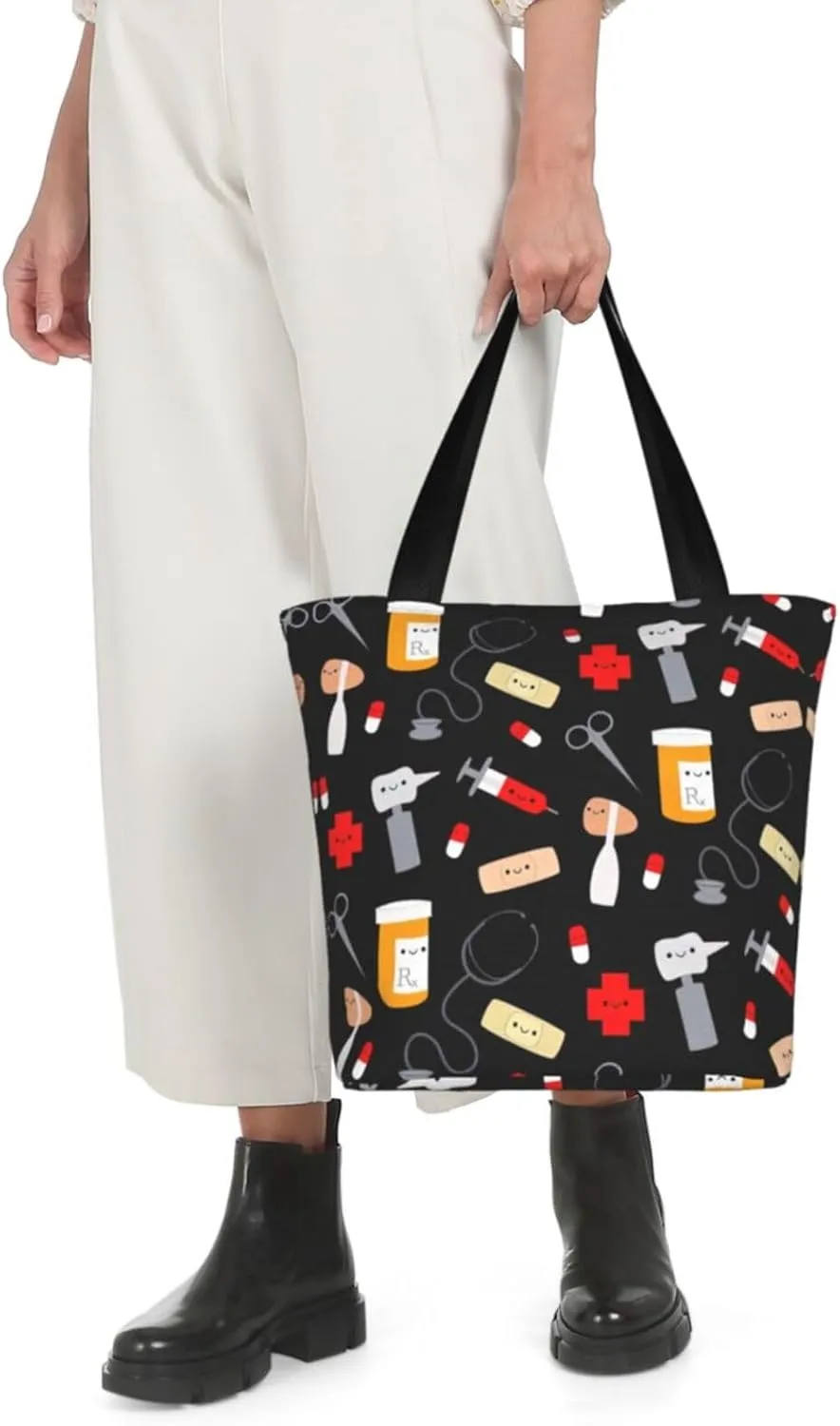 Cartoon Medicine Pattern Print Shoulder Tote Bag Women'S Large Size Handbag Casual Tote Shopping Bag For Women Fashion Travel