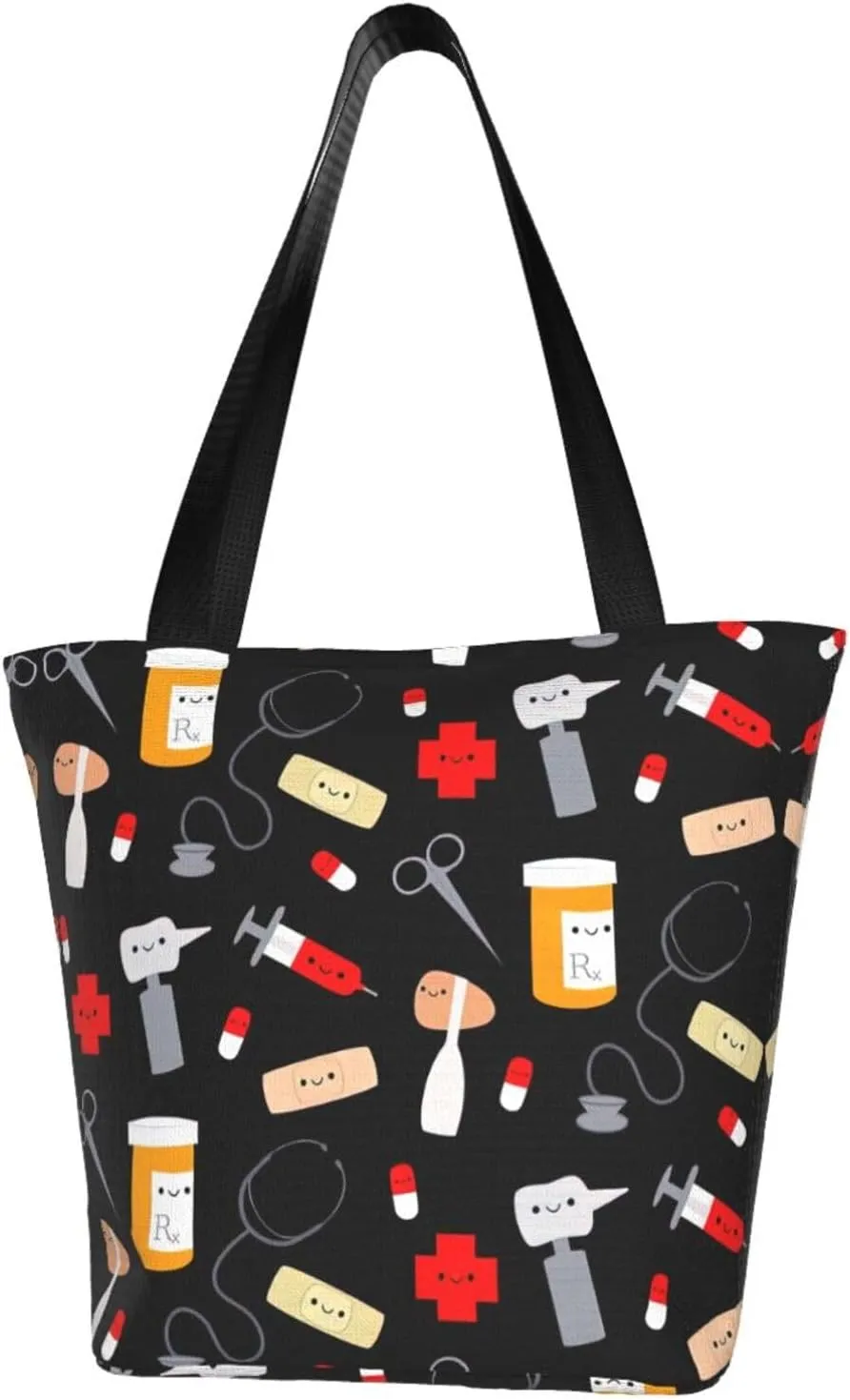 Cartoon Medicine Pattern Print Shoulder Tote Bag Women'S Large Size Handbag Casual Tote Shopping Bag For Women Fashion Travel